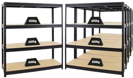 PROREGAL Mega Deal 5er-Sparset Profi-Schwerlastregal Dino HxBxT 180x160x60cm Fachlast 600kg Schwarz, Kellerregal, Steckregal, Garagenregal, Lagerregal