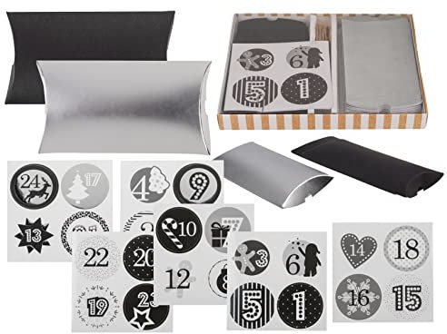 Set Adventskalender zum Selberfüllen Selbstbefüllen DIY-Adventskalender zum Basteln & Befüllen mit 24 Kissenschachteln ca.12,5x7x1,5cm, 24 Zahlensticker und 3,6m Juteschnur (Silber-Schwarz)