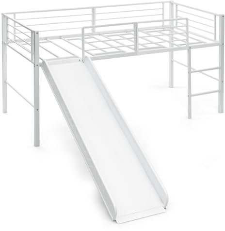 LIFEZEAL Letto a Castello per Bambini, Letto a Soppalco con Scivolo, Scaletta, 198x96x109 cm, Struttura di Letto Singolo con Barre Anticaduta, in Acciaio, Max 150 kg, per Cameretta, Sicuro, Bianco