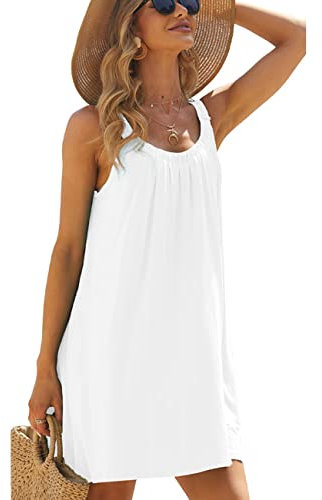 RPAEOY Damen Strandkleid Plissee Sommerkleid Sommer Strandponcho Boho Strandtunika Bikini Cover-Ups Strandurlaub Badeanzug Beachwear Bademode Kurze Kleid (Weiß,L)