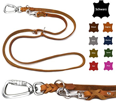 Hundeleine Fettleder mit Sicherheitshaken + Edelstahlringe/Hundeleine große Hunde/Hundeleine Leder bis 100Kg (Cognac, 3,50m)