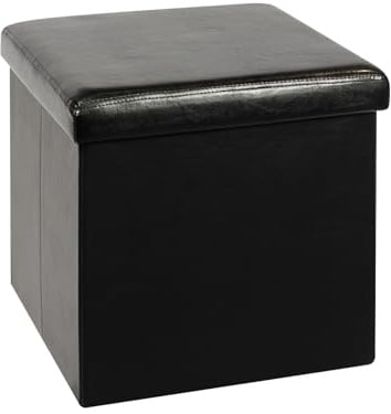 Bonlife Small Ottoman Storage Box with Lid, Foldable Cube Footstool | Black Faux Leather Footrest, PU Folding Stool, Storage Seat, for Living Room, Bedroom, Hallway, Small Space, 40x40x40cm