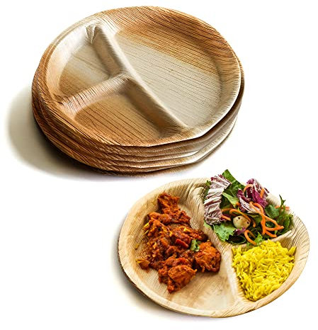 DISPOSABLE GREEN – Round Disposable Plates, 3-Compartment Plates Disposable, Areca Leaf Serving Plates, Divided Plates for Hot, Cold, Wet, & Oily Food, Portion Control Plate, 27 x 2.5cm, 20-Pcs