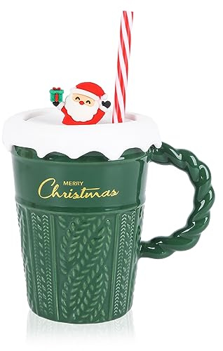 Taza de Café de Navidad 400ml Navidad Taza de Café de Cerámica Taza de té Taza de Leche con Tapa y Pajita Lindo Xmas Pareja Taza para Cumpleaños Navidad Niñas Niños Regalos (Verde)
