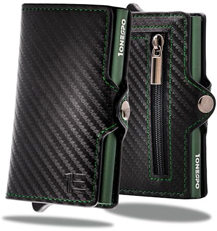 1onespo Porta Carte di Credito Uomo - Portacarte Slim con Portamonete e Contanti - Porta tessere e documenti tascabile protezione RFID, Carbon Verde