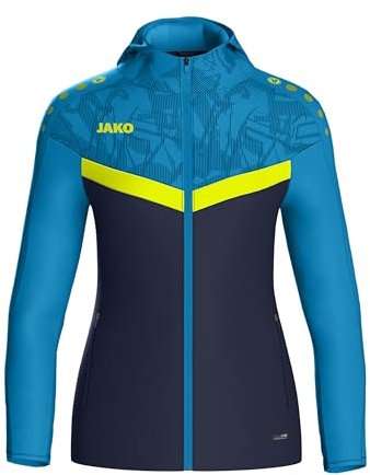 JAKO ICONIC Kapuzenjacke Gr. 40 Marine/JAKO Blau/Neongelb - Zipper Hoodie Damen, Bequeme Sweatjacke mit Keep Dry Funktion aus 100% recyceltem Polyester