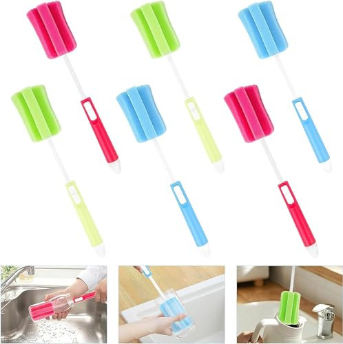6Pcs Sponge Bottle Brushes for Cleaning Long Handle Sponge Cup Brushes Adjustable Cup Sponge Cleaning Brush Soft Sponge Foam Bottle Brush for Cleaning Glass Bottles, Red Green Blue(8.5 * 5.5cm)