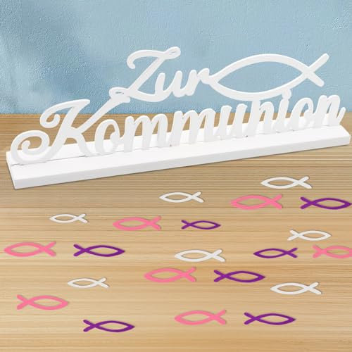 SPERMUOY Konfirmation Tischdeko Schriftzug Konfirmation Tischdeko Holz Weiß mit 45 Stk Streudeko Fische Holz Dekoration Junge Mädchen,Taufe Konfirmation Deko für Taufe, Kommunion und Konfirmation-rosa