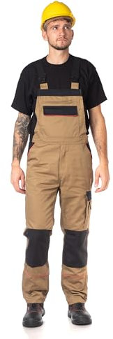 DINOZAVR Fortum Arbeitshosen Männer Latzhose Herren Arbeitshose - Arbeitslatzhose Herren mit Elastischem Bund, Cordura-Verstärkungen, Vordertaschen, Brusttaschen, Cargotasche, Werkzeugtasche Khaki 56
