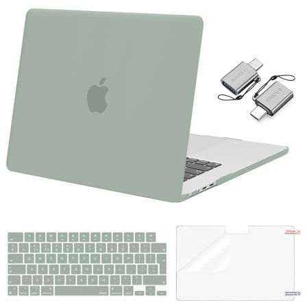 MOSISO Hülle Kompatibel mit MacBook Air 15 Zoll 2025 2024 2023 M4 M3 M2 A3241 A3114 A2941 Touch ID,Plastik Hartschale Case&Tastaturschutz&Displayschutz&Typ C Adapter 2er Pack,Antikes Grün