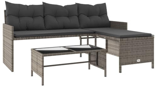 vidaXL Gartensofa in L-Form mit Tisch Kissen, Outdoor Sofa Terrassensofa, Garten Sofagarnitur, Gartenmöbel Sitzgruppe, Grau Poly Rattan