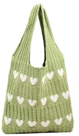 IQYU Bommel Anhänger Für Taschen Damen Strick-Einkaufstasche, gehäkelte Umhängetasche, Liebes-Herz-Muster, Handtaschen, alltägliche Stricktasche Taschen Klein S (Green, One Size)