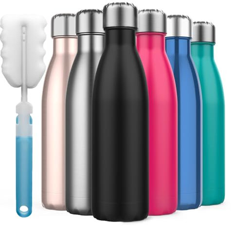 Insulated Water Bottle, Insulated Water Bottle Double Wall Vacuum Stainless Steel Bottle Leak Proof Keeps Hot with a Cleaning Brush -500ml Stainless Steel Vacuum Bottle (Black)