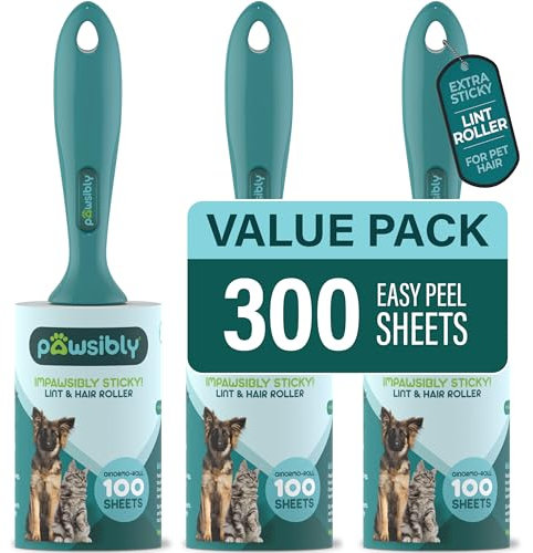 Pawsibly 3-Pack Lint Rollers for Pet Hair Extra Sticky – 300 Sheets Total, Ideal for Removing Pet Hair, Lint, and Dust from Clothes, Furniture, and More