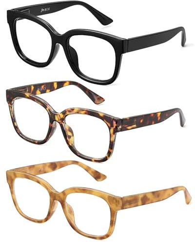 JM 3 Pack Oversized Reading Glasses for Women Large Square Blue Light Blocking Computer Readers Spring Hinge, +2.5,(Black & Tortoise & Brown Tortoise)