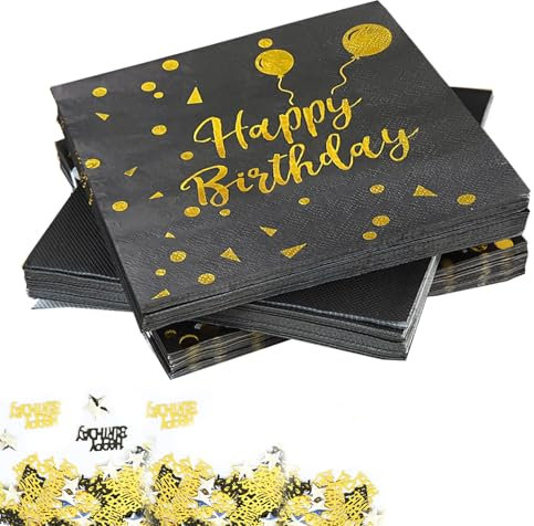 60 Stück Servietten Geburtstag Schwarz Gold, 33 x 33cm Happy Birthday Servietten Schwarz Gold Papierservietten mit Konfetti Tisch, für Mädchen Junge Geburtstag Party Deko(Schwarz)