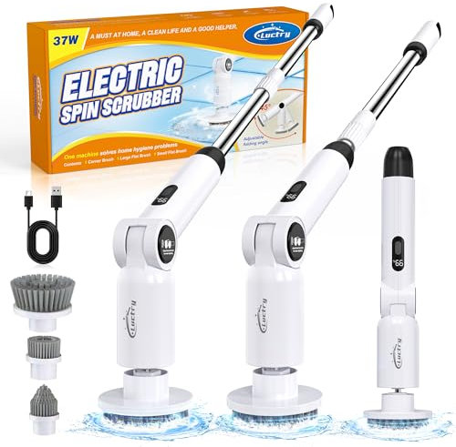 Luctry Brosse Nettoyage Electrique, Brosse Rotative Électrique sans Fil,Brosse Nettoyage Salle de Bain,Manche RéGlable avec Affichage pour Salle de Bain, Baignoire, Toilettes, Cuisine (Blanc)