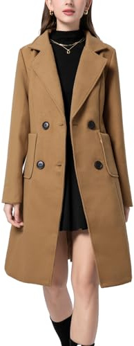 Vanchenl Damen Winter Wollmischung Mantel Gekerbten Kragen Doppelreihig Revers Mitte Lange Jacke Outwear
