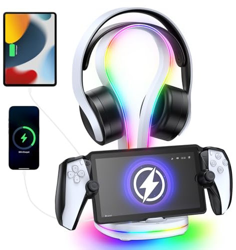 Ladestation für Playstation Portal and Headset Halterung for PS5 Kopfhörer mit 11 RGB Lichtmodi & USB Port, Ladeständer Dock for Ps Portal Zubehör