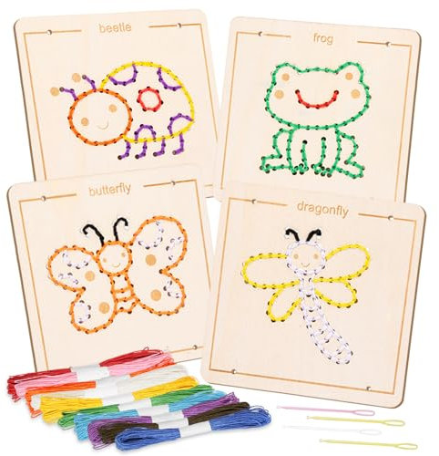 Montessori Fädelspiel Set, Stickset für Anfänger, Sticken für Anfänger, Fädelspiel mit 4 Tieren, Anfänger Stickerei Set mit Garn für Kinder, Sticken Set Erwachsene, Bastelsets für Kinder, Handwerk