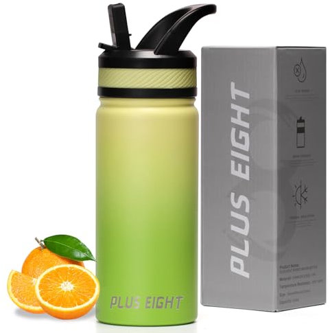 pluseight Insulated Water Bottle 600ml(20oz) Insulated Water Bottle With Straw and Lid for Sports, Gym or Office Stainless Steel Metal Drink Thermos Flask(Yellow Green)