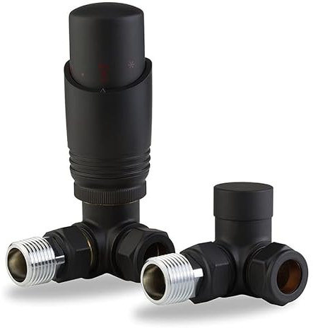 Team Controls Matt Black Corner Thermostatic TRV Radiator Valve & Lockshield 15mm x 1/2 Pack