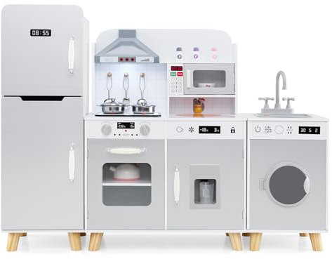 COSTWAY Kinderküche mit Zubehör, 3 in 1 Kinder Küche Holz mit Kühlschrank & Waschmaschine & Mikrowelle, inkl. Herd Spüle Ofen, Spielküche mit Licht und Sound für ab 3 Jahren (Weiß, Grau)