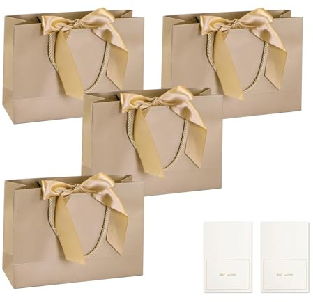YFaith 4 Stück Geschenktüten Hochzeit 28 x 20 x 10 cm Papiertüten mit Henkel, Geschenktasche Geburtstag mit Grußkarte und Band, für Hochzeit, Geburtstag, Geschenke