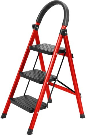toxaaiwr 3-stufige Leiter, Klappleiter mit rutschfestem und breitem Pedal, kleine Mehrzweck-Klappleiter mit Griff, 150 kg Tragkraft, leichte und tragbare Trittleiter, Rot