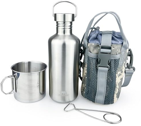Pubgeer Canteen einwandige Wasserflasche mit 680 ml ineinander verschachteltem Campingbecher und Tragetasche, Bushcraft-Ausrüstung, Weithalswasserflasche, Überlebensausrüstung, Wasserkocher,