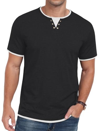 Hisir Mens T Shirt Summer Henley Short Sleeve Regular Fit Round Neck Casual Tops Classic Color Block Tee Shirts (Black, L)