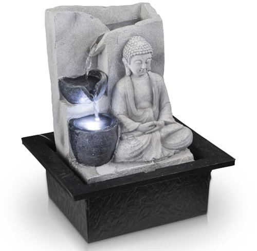 bmf-versand® Tischbrunnen Buddha mit Beleuchtung – Hübsche Dekoleuchte mit Dekolicht – Zimmerbrunnen mit Leuchtfunktion Pumpe Grau 4 Stufen