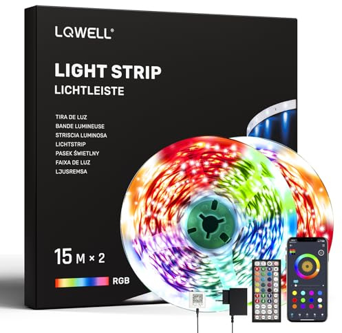 LQWELL® 30M (2 rouleaux de 15M) Bande lumineuse LED avec télécommande et application, synchronisation de musique Bluetooth, guirlande lumineuse RVB à changement de couleur pour fête, maison, chambre