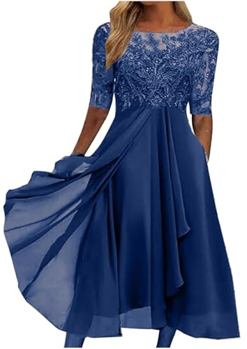 Keepink Bridesmaid Dresses for Women UK A Line Half Sleeve Chiffon Lace Appliques Dresses Formal Evening Long Dress Wedding Guest Dresses Casual Midi Dresses Plus Size S-3XL