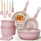 Astercook Lot de 21 casseroles et poêles antiadhésives en céramique avec poignée amovible, poignées amovibles, passe au four, prêt à induction, empilable, antiadhésif, rose