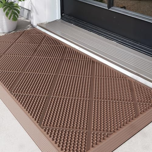 DEXI Door Mat, Non-slip Heavy Duty Dirt Scraper Outdoor Mats with Drainage Holes, Waterproof Low Profile Doormats Outside for Entrance, Patio, Garden, 43 x 90 cm, Brown