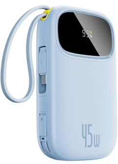 Baseus Powerbank 45W 20000mAh con 2 Cables USB-C Integrados, Power Bank PD3,0 QC4,0 Baterías Externas Carga Rapida, 3 C 1 A, Cargador Portátil para iPhone 16/15/14 Pro MAX, Samsung, Azul