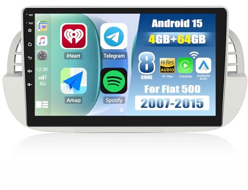 CAMECHO Android 15 8-Core 4+64G 9 Pollici Radio auto per Fiat 500 2007-2015 con DSP, Qualcomm HD IPS Radio con Bluetooth Wireless Carplay Android Auto GPS WIFI FM/RDS +Telecamera Posteriore Canbus
