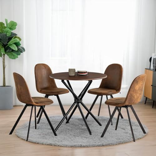 FurnitureR runder Esstisch mit 4 Stühlen, Satz von 4 Esszimmer Stühlen mit Küchentisch, Esszimmer Gruppe, Esszimmer, Tisch Set für Küche, Wohnzimmer, Balkon, Dunkelbraune-Schwarze+Braune-Drehbare