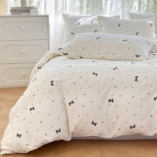 VOGIAY Bettwäsche Mädchen 135x200 Weiß Schwarz mit Schleifen Herzen Aesthetic Bettwäsche aus Microfaser, ÖKO-TEX Bettwäsche Set - Bettbezug 135x200 und 1 Kissenbezug 80x80 cm mit Reißverschluss
