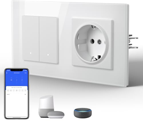 BSEED Steckdose mit Lichtschalter Unterputz 2 Fach 1 Weg WIFI Smart Lichtschalter (Neutralleiter Erforderlich), Compatibel mit Alexa/Google Home,157mm,Weiß