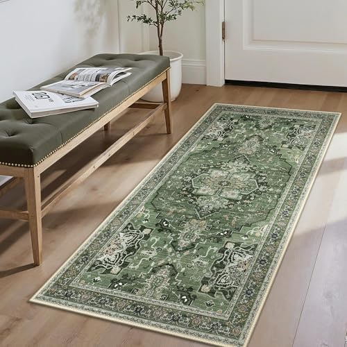 GENIMO Orientalisch Vintage Läufer Dunkelgrün Waschbar 80x150 cm | Ornamentales Vintage-Medaillon in Dunkelgrün, waschbar, pflegeleicht und rutschhemmend – für Flur und Bettseite.