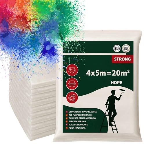PLAYZOCO Cubiertas de lona multiuso, Plástico cubretodo, Plástico Protector Para Cubrir Muebles y Suelos, Para interior y exterior, 4 x 5 metros (20 m2), Grosor 6 micras, Contiene 24 unidades