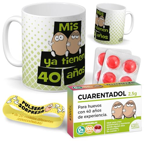 Kit regalo personalizado | Taza Mis huevos ya tienen 40 años + Caramelos divertidos + Pulsera sorpresa | Regalo divertido, original y único para 40 cumpleaños.