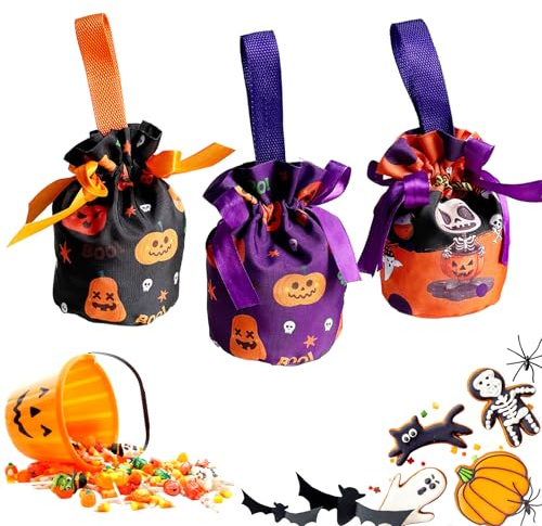 3 Packungen Halloween Süßes oder Saures Taschen, süße Kürbis Süßigkeiten Taschen Einkaufstaschen, wiederverwendbare Leinwand kleine Eimer für Süßigkeiten, Snacks, Party Gastgeschenke Dekoration