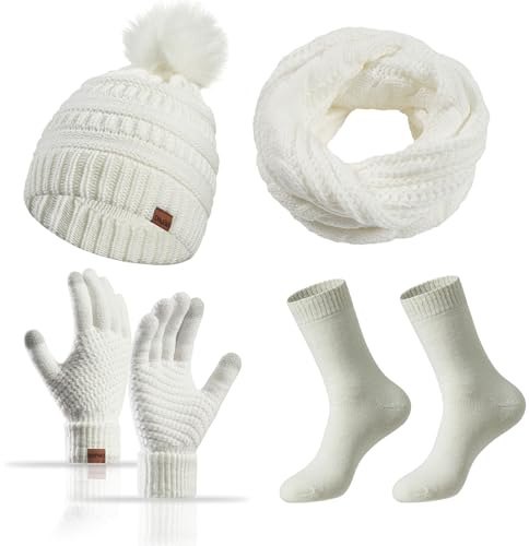 MAZELIKEHOOD Set Sciarpa Cappello Guanti Calzino Donna Caldo Cappello di Bobble con Sciarpa a Maglia e Guanti Tessuto Morbido e Comodo Invernale Ideale per Regalo di Natale Accessori Inverno Moda