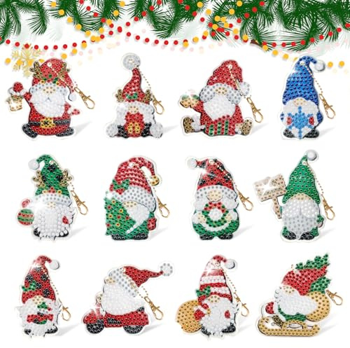 euluoziqing 12 Stück Diamond Painting Weihnachten Anhänger Set | 5D Diamant Painting Schlüsselanhänger Weihnachten, DIY Doppelseitiger Wichtel Schlüsselanhänger für Weihnachtsbaum Deko
