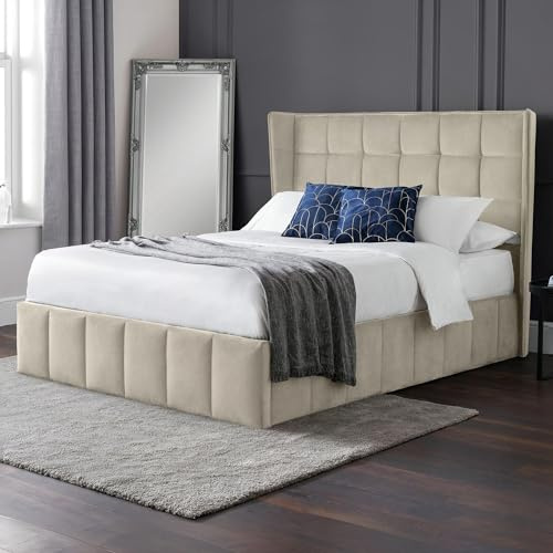 Julian Bowen Gatsby Ottoman Bed, Storage, King, Cream - W171 x D215cm | Bed Frame, 150cm/5ft, No Box Spring Needed, Easy-Lift Storage, Tufted Winged Headboard, Luxurious Velvet Base