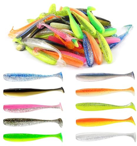 50 Stück Gummifische Set, Angelköder, ZanderGummiköder Set, 7.5 cm Eingearbeitete Reflektierende Pailletten, Für Barsch Köder Zander Forelle, 10 Fängige Farben Für Barsch Köder Zander Forelle