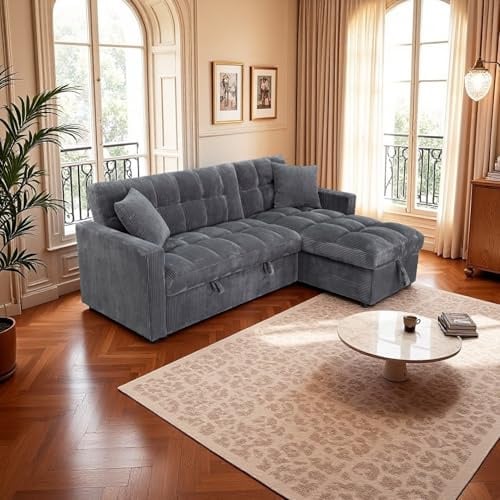 SQUAREBOXX Modena Jumbo Cord 3 Seater Pull-Out Sofa Bed with Reversible Storage Chaise, L-Shaped, Black Grey Cream, Modern Design (Grey)